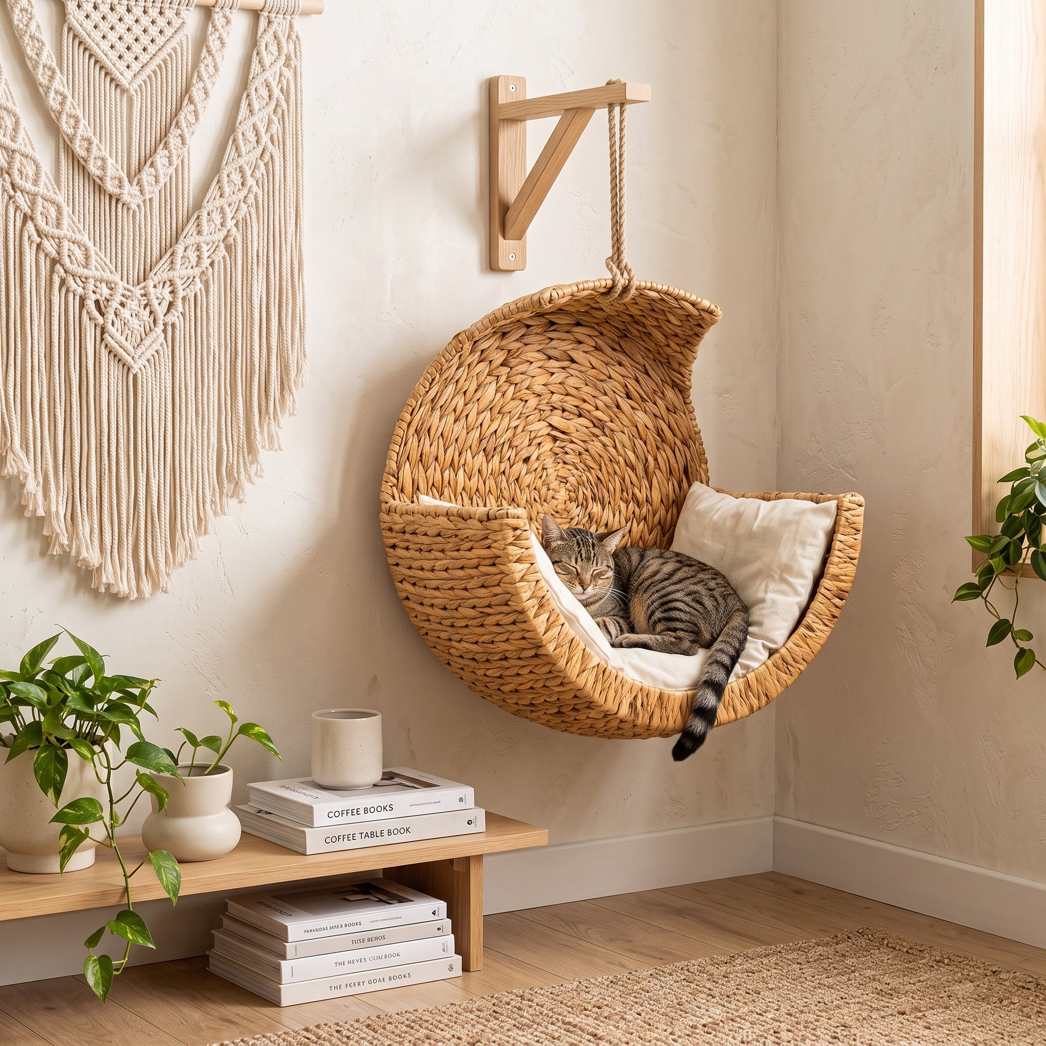 CatNest wicker cat bed in a boho living room