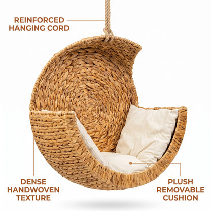 CatNest features: reinforced hanging cord, handwoven texture, removable cushion