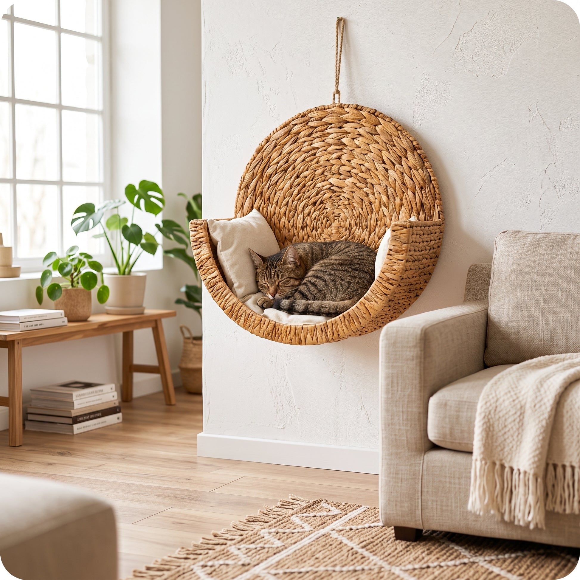 CatNest hanging in a boho living room reading nook