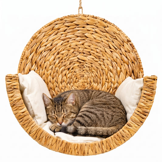 CatNest handwoven wicker hanging cat bed studio photo
