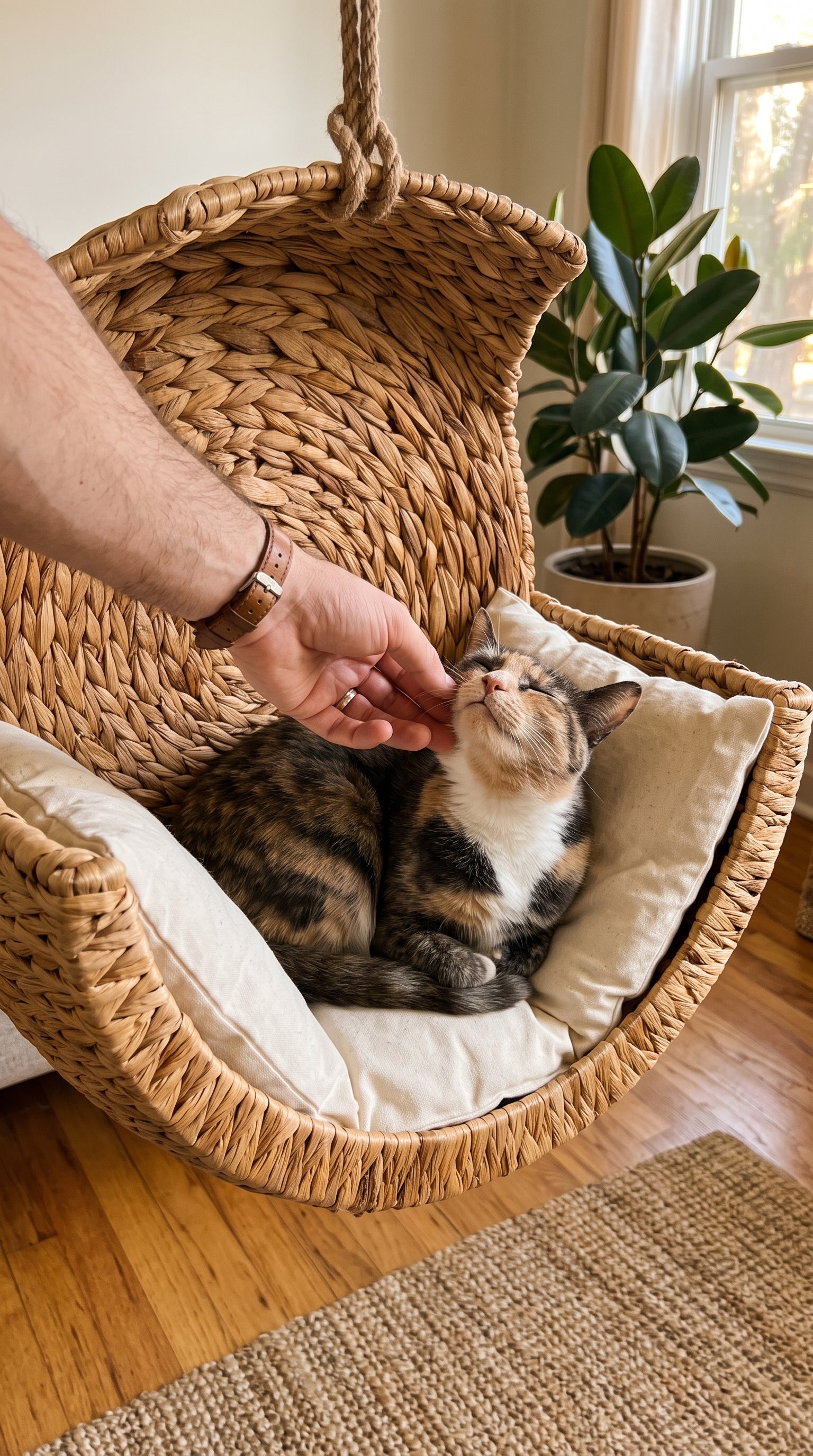 Hand petting calico cat in CatNest wicker bed