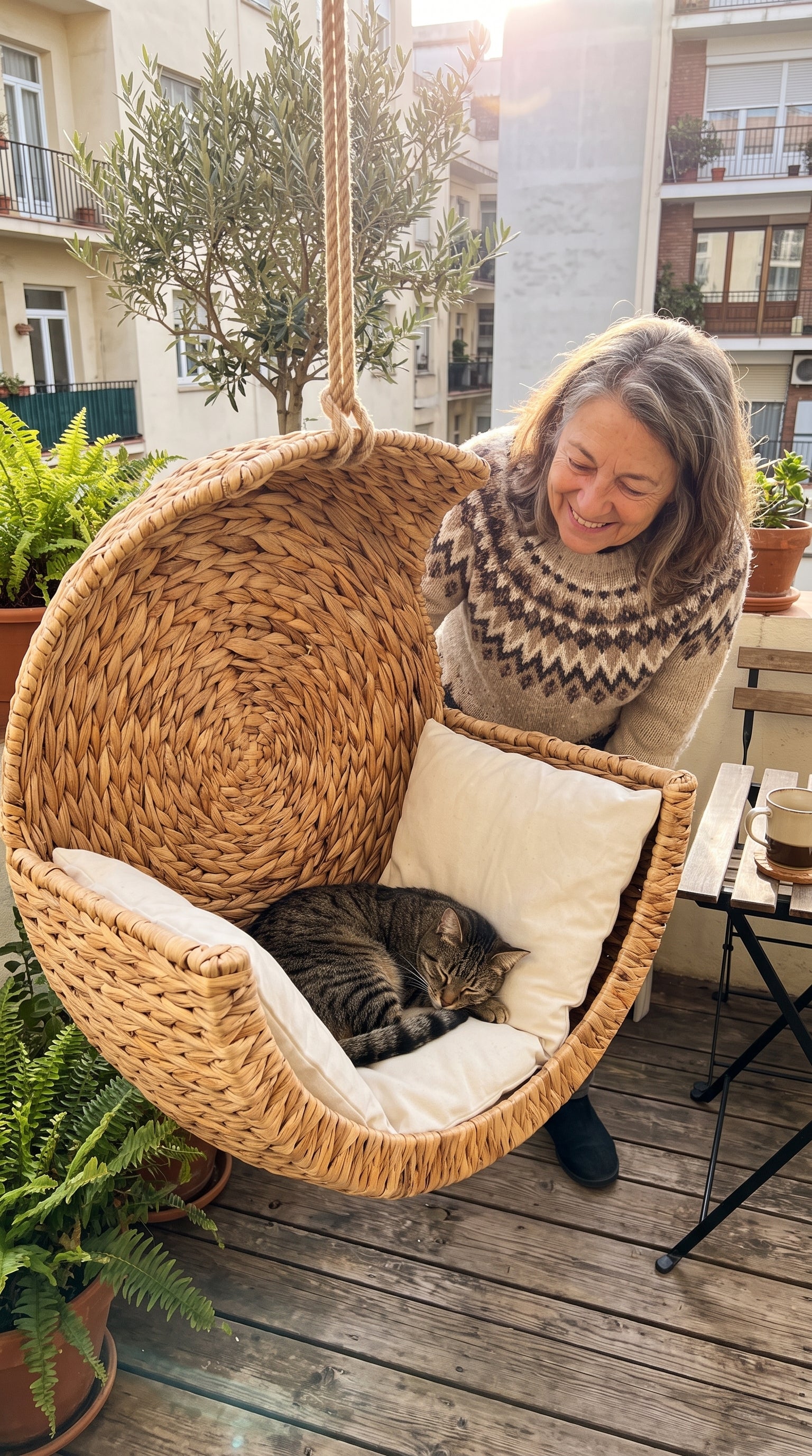 Woman with her cat in the CatNest wicker bed on a balcony
