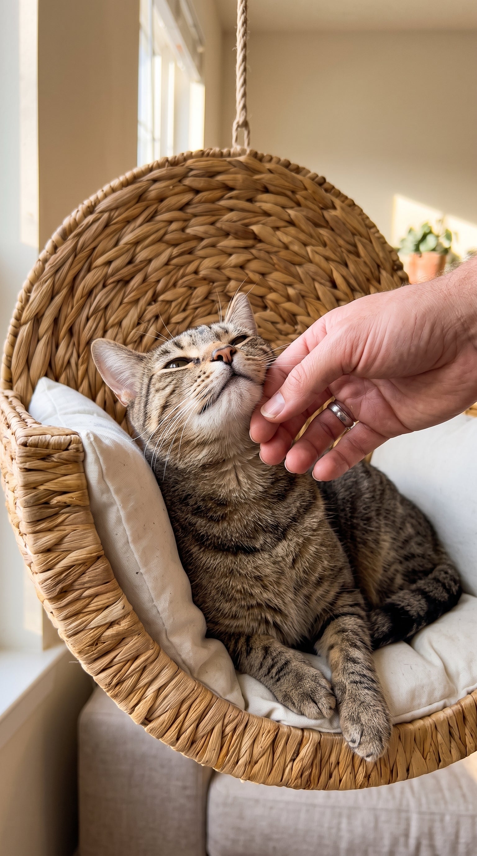 Hand petting tabby cat in CatNest wicker bed