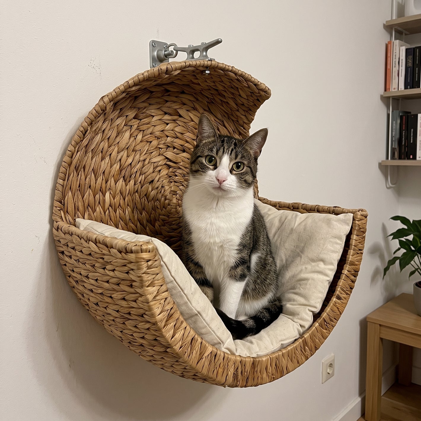 Cat sitting in the CatNest wicker bed by a window