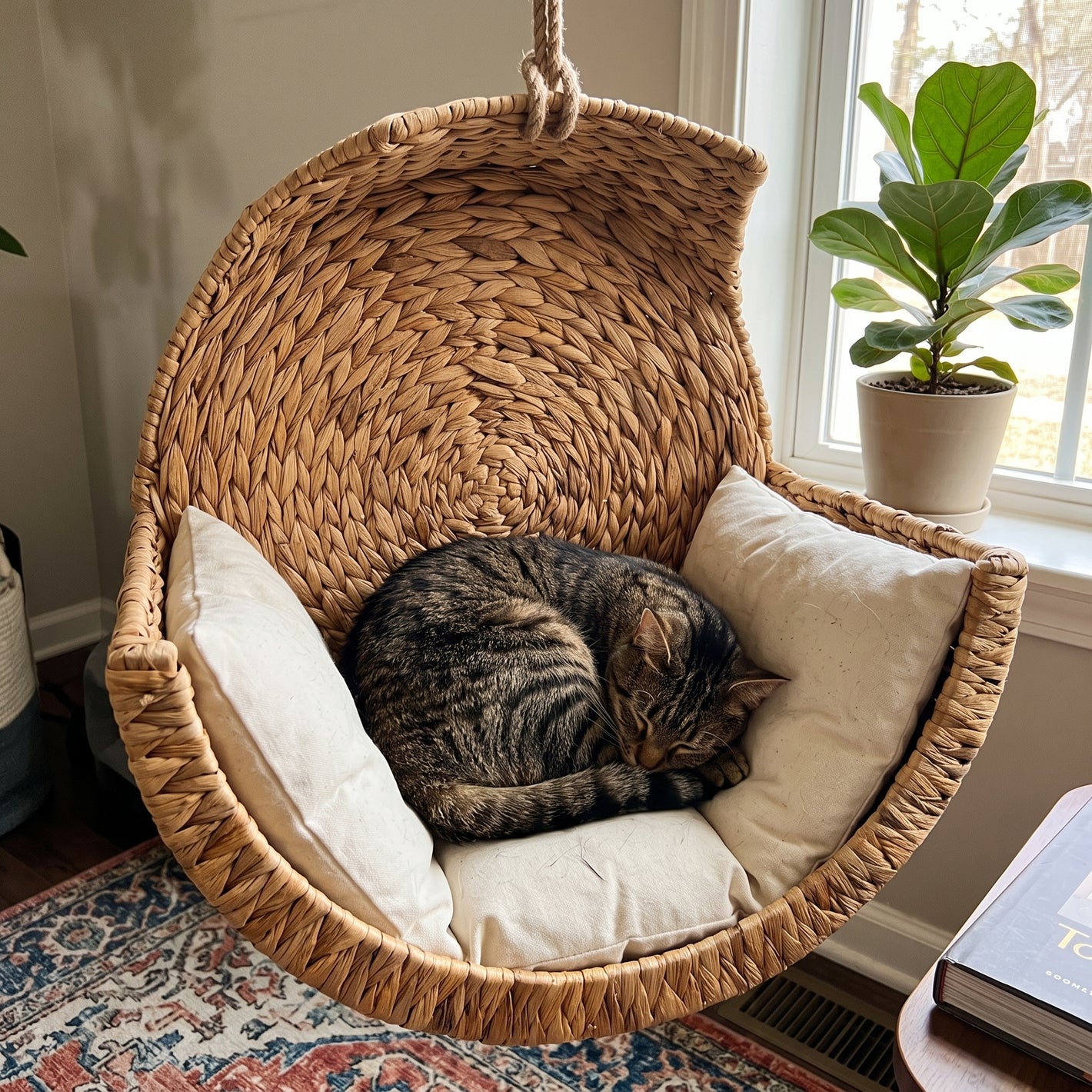 Cat sleeping in the CatNest wicker bed near a window